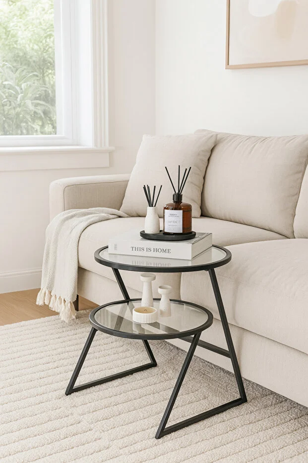 Valencia Yan Sehpa - Siyah Metal Şeffaf Camlı Çok Amaçlı Koltuk Sehpası Zigon Sehpa Servis Sehpası